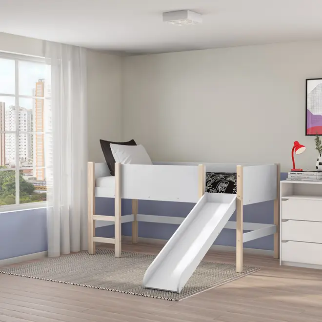 CAMA DE SOLTEIRO COM ESCORREGADOR 78 CM PIN PLAY - BRANCO/NATURAL WASHED - Foto 3