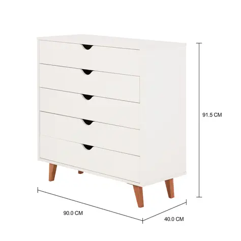 Imagem com medidas do produto CÔMODA 5 GAVETAS 90 CM X 40 CM LIN