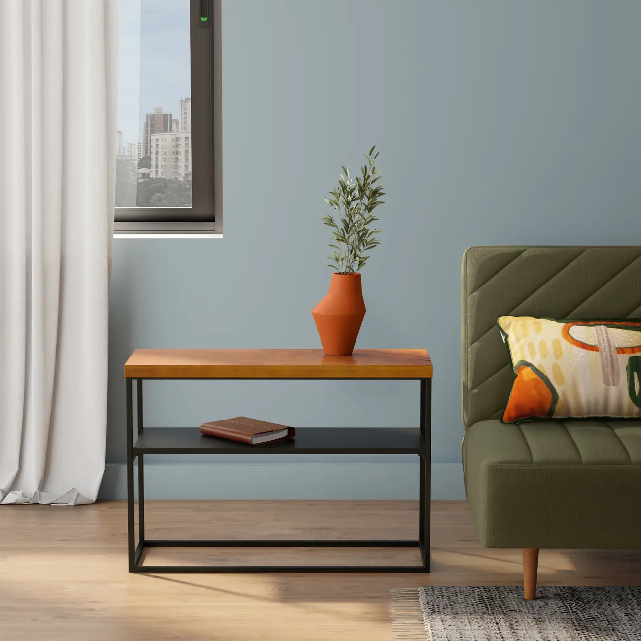 MESA LATERAL 70 CM X 25 CM SHELVES - PRETO/NOZES - Foto 5