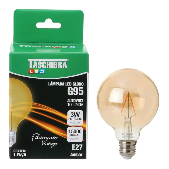LÂMPADA LED FILAMENTO GLOBO AMBAR G95 3W E27 127 220V LUZ AMARELA TASHIBRA - HANBAR - Foto 2