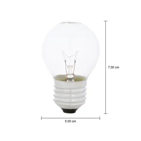 Imagem com medidas do produto LÂMPADA INCANDESCENTE BOLINHA CLARA 15W E27 127V LUZ AMARELA TASCHIBRA