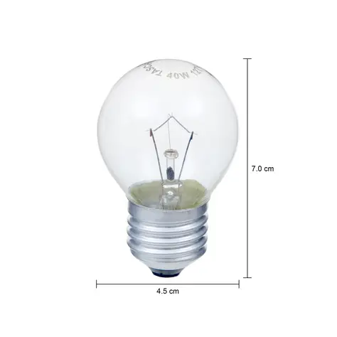 Imagem com medidas do produto LÂMPADA INCANDESCENTE BOLINHA CLARA 40W E27 127V LUZ AMARELA TASCHIBRA