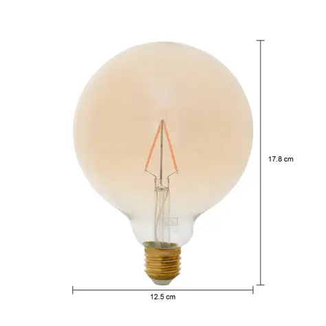 Imagem com medidas do produto LÂMPADA LED FILAMENTO GLOBO AMBAR G125 3W E27 127 220V LUZ AMARELA TASHIBRA