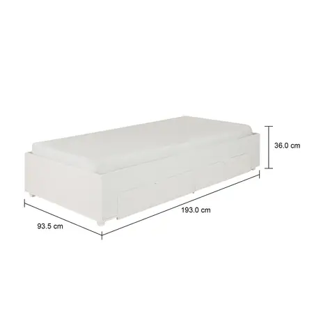 Imagem com medidas do produto CAMA DE SOLTEIRO COM 2 GAVETAS 88 CM NORAH