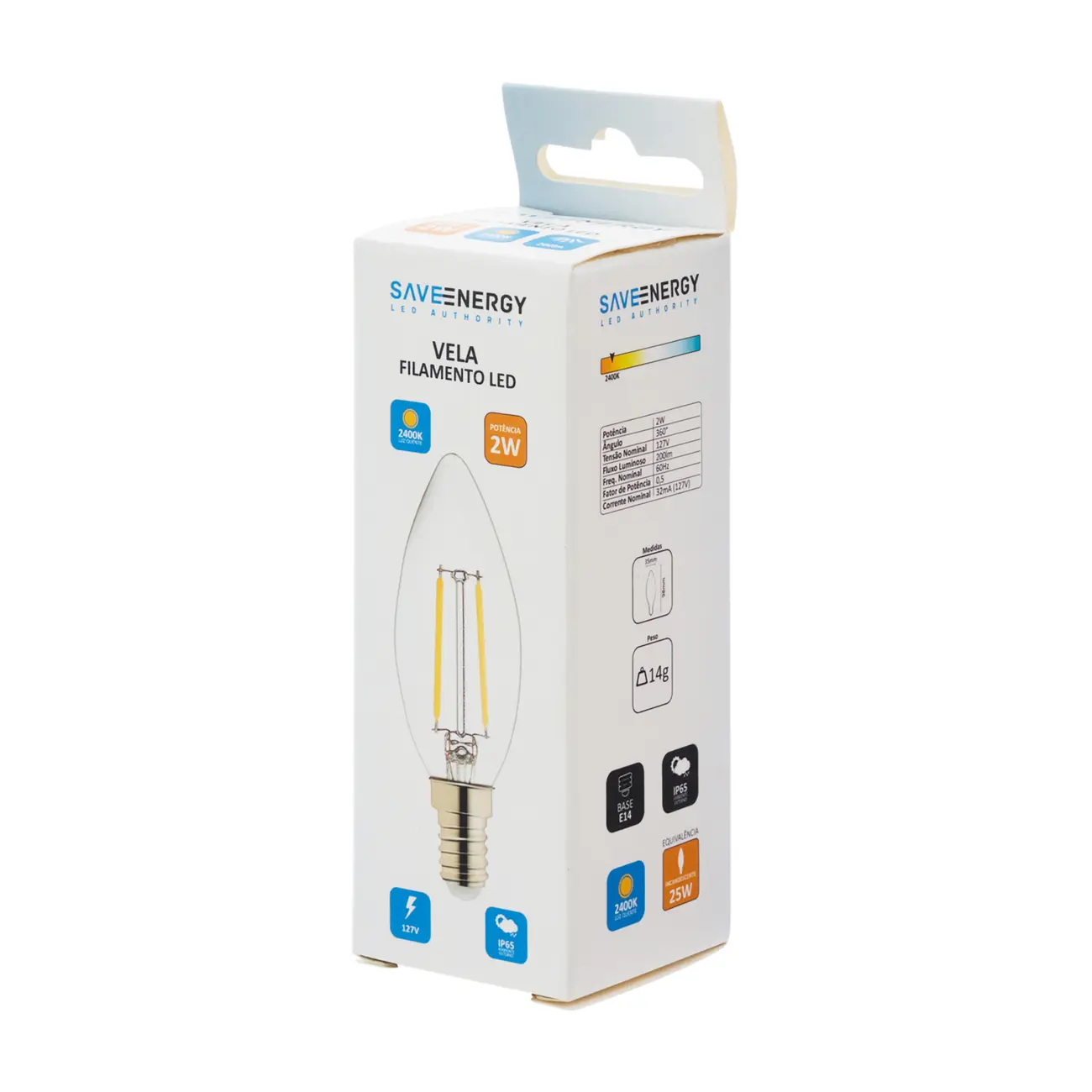 LÂMPADA LED DE FILAMENTO 2W VELA E14 220V LUZ AMARELA SAVE ENERGY - INCOLOR - Foto 2