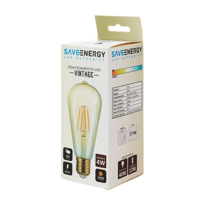 LÂMPADA LED DE FILAMENTO AMB 4W ST64 E27 127/220V LUZ AMARELA SAVE ENERGY - HANBAR - Foto 2