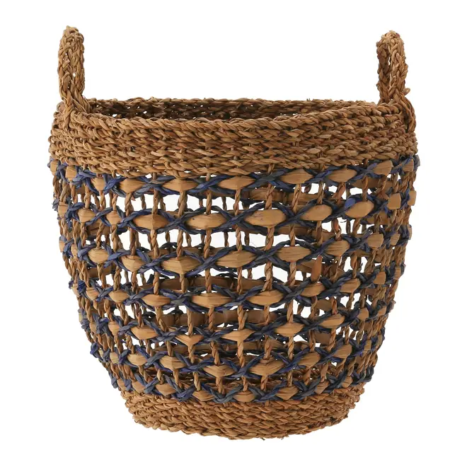 CESTO COM ALÇA 34 CM X 28 CM X 34 CM SUMELA - FIBRA CLARA/AZUL ESCURO - Foto 1