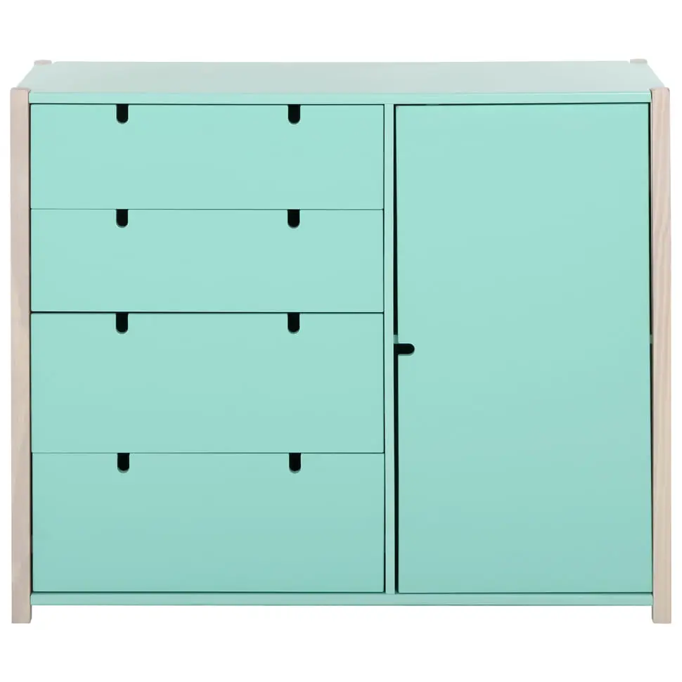 CÔMODA 4 GAVETAS/1 PORTA 1,07 M X 42 CM PIN PLAY - NATURAL WASHED/MENTA - Foto 1