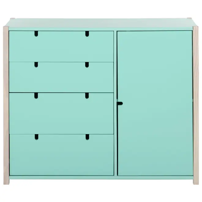 CÔMODA 4 GAVETAS/1 PORTA 1,07 M X 42 CM PIN PLAY - NATURAL WASHED/MENTA - Foto 1