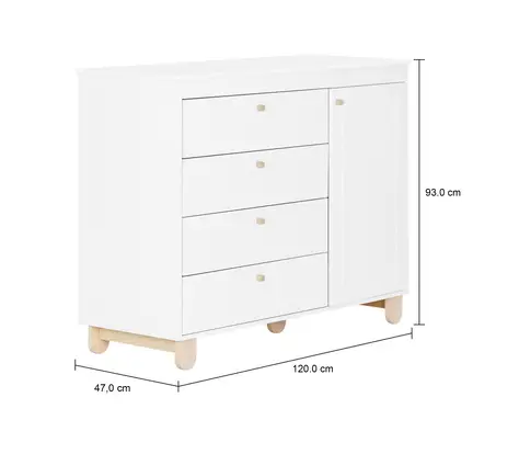 Imagem com medidas do produto CÔMODA INFANTIL 4 GAVETAS/1 PORTA 1,20 M X 47 CM SWEET