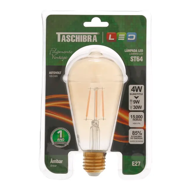 LÂMPADA LED FILAMENTO ST64 E27 4W 127/220V LUZ AMARELA TASCHIBRA - HANBAR - Foto 2